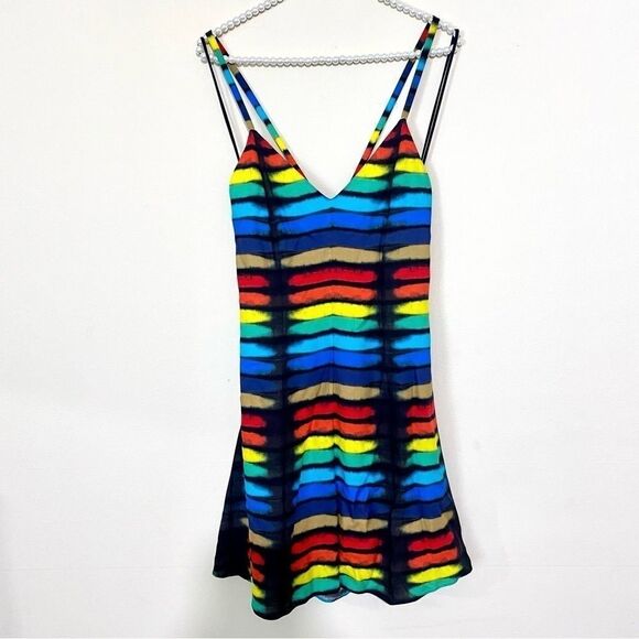 Alice + Olivia Alves Rainbow Black Tie Dye Cross Back A-Line Mini Dress SIZE 2 - Picture 2 of 6